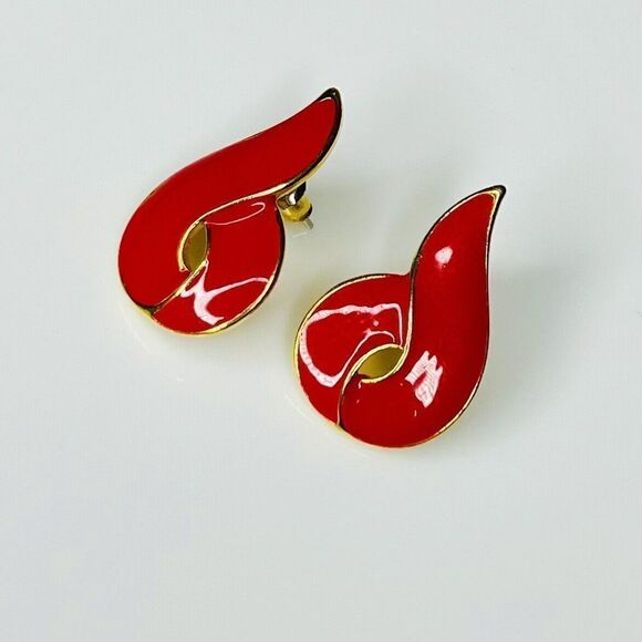 Vintage Enamel  Red Gold Tone Enamel Wave Pierced Earrings 90s Y2K - Picture 2 of 7